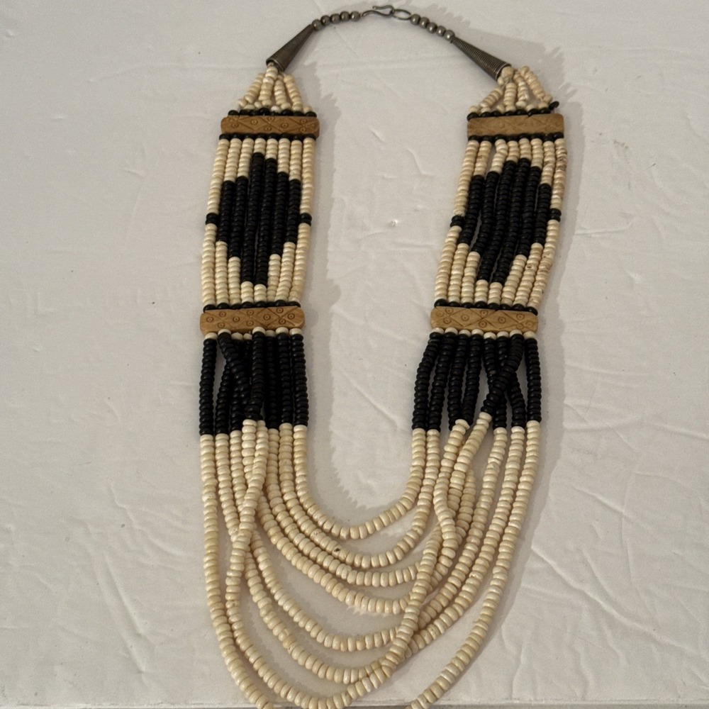 Vintage Ivory and‎ Black Beaded Multi-Layer Necklace-Tribal